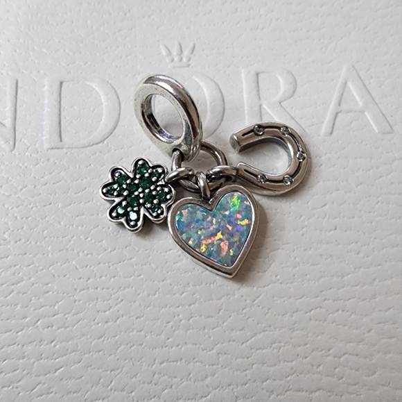 Pandora Four Leaf Clover, Heart and Horseshoe Triple Dangle Charm - Picture 1 of 5